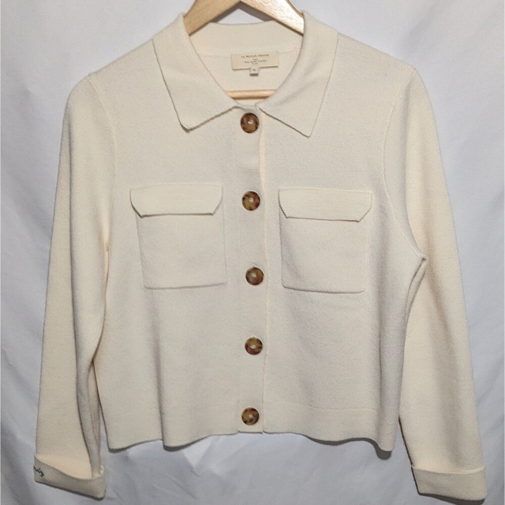 Sézane Betty Cardigan in Ecru Cream Merino Wool - Sz Medium w/ Custom Embroidery